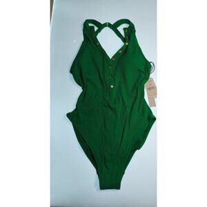 Robin Piccone Amy Emerald Green Ribbed One Piece Swimsuit Gold Buttons Sz 8,14